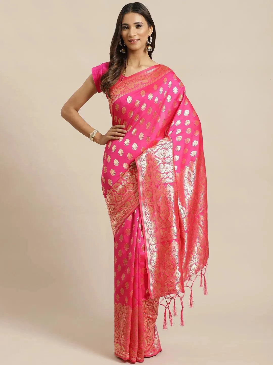 Pink Woven Design Silk Saree - Libas