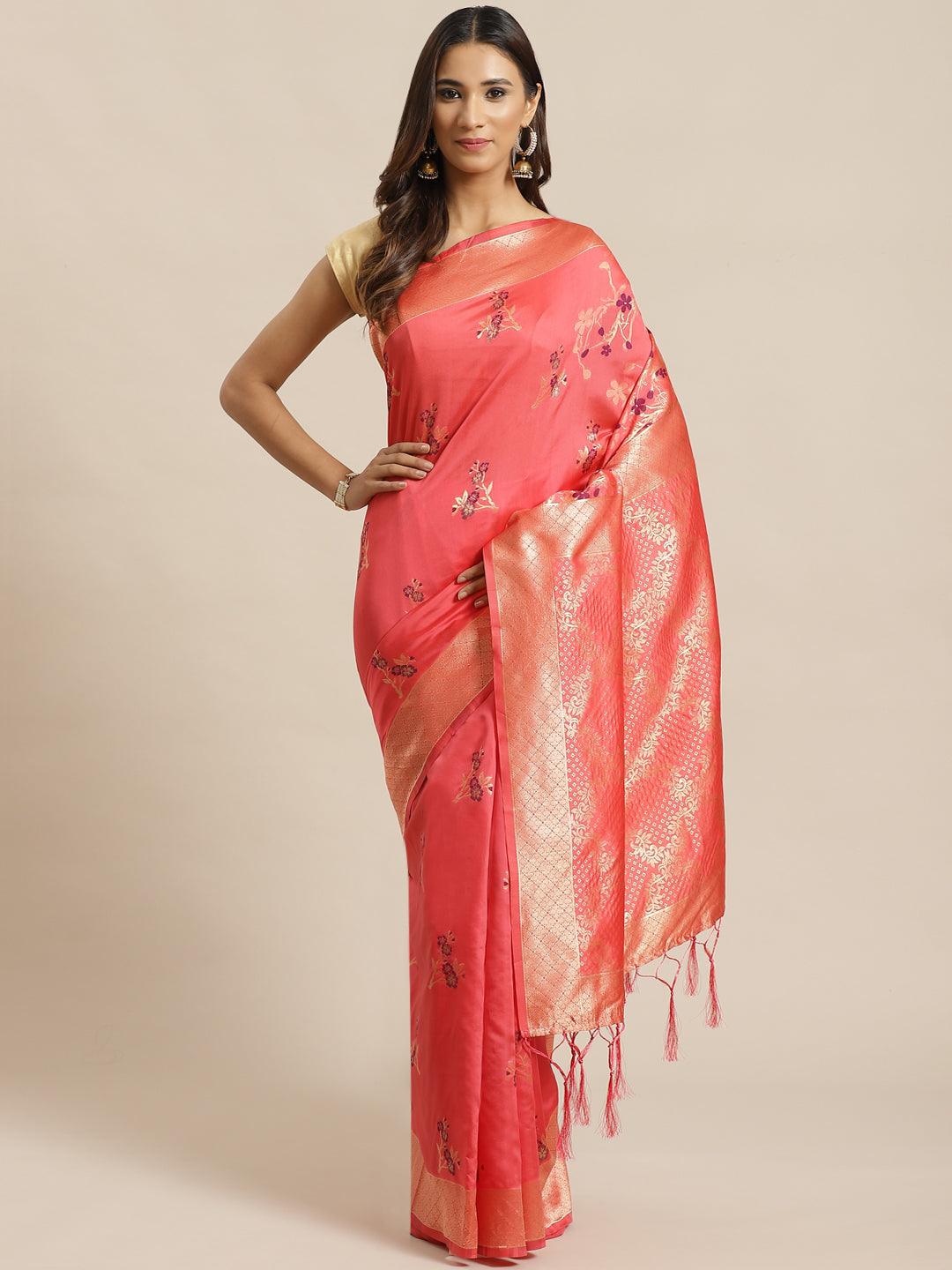 Pink Woven Design Silk Saree - Libas