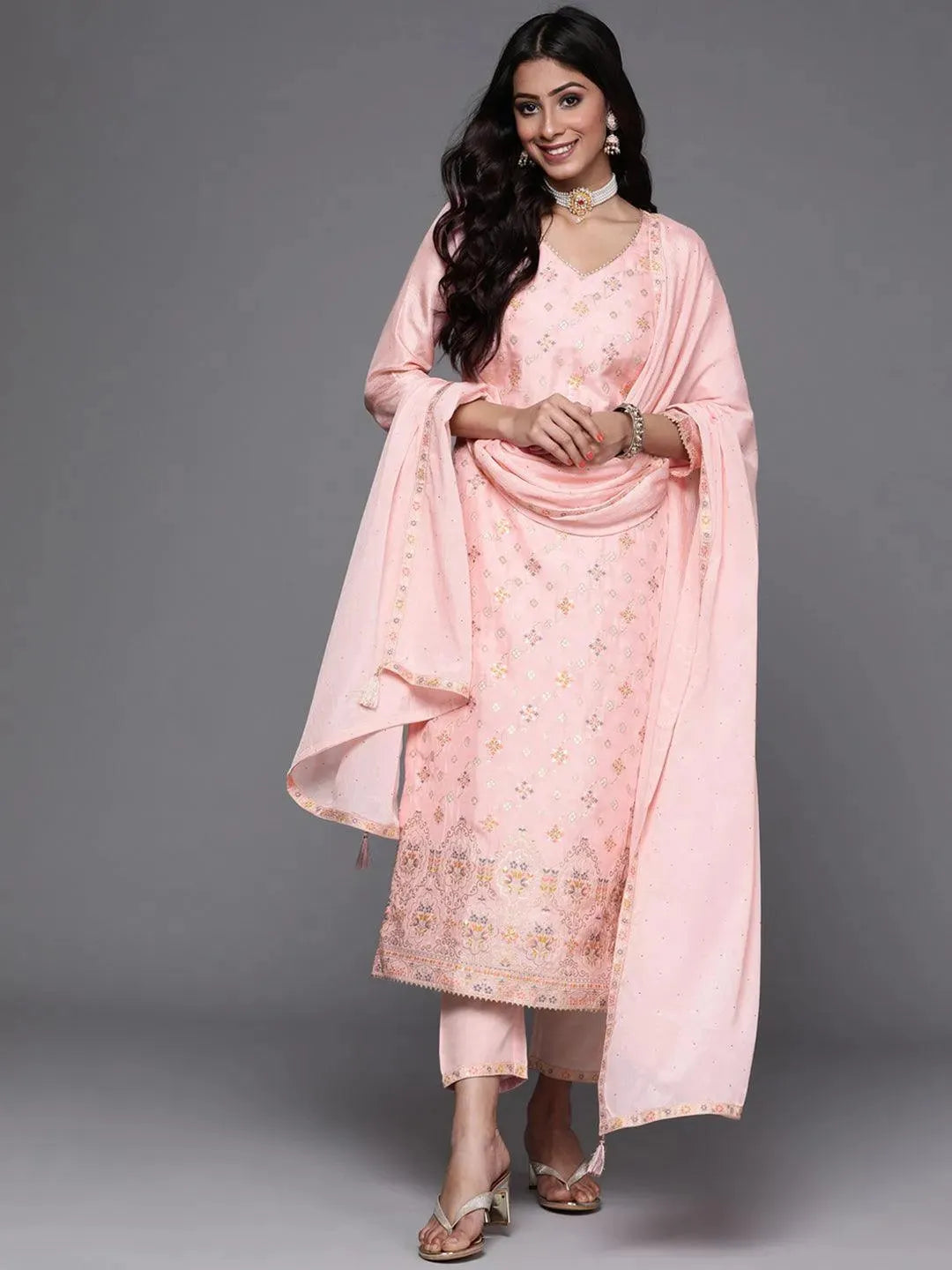 Pink Woven Design Silk Suit Set - Libas 