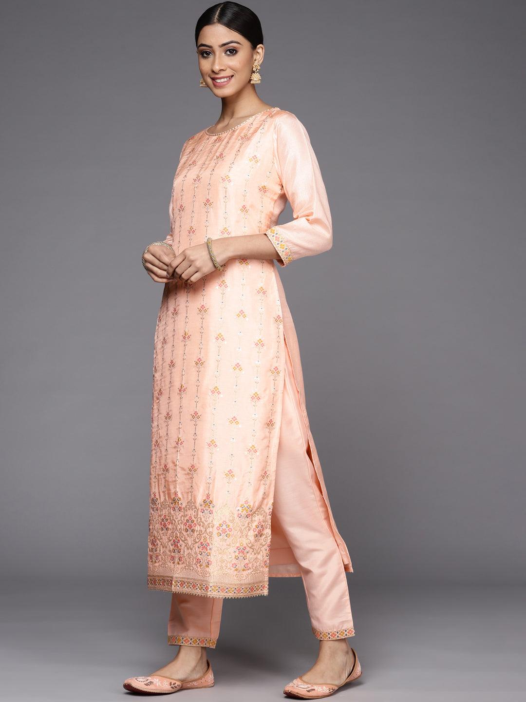 Pink Woven Design Silk Straight Kurta With Dupatta
