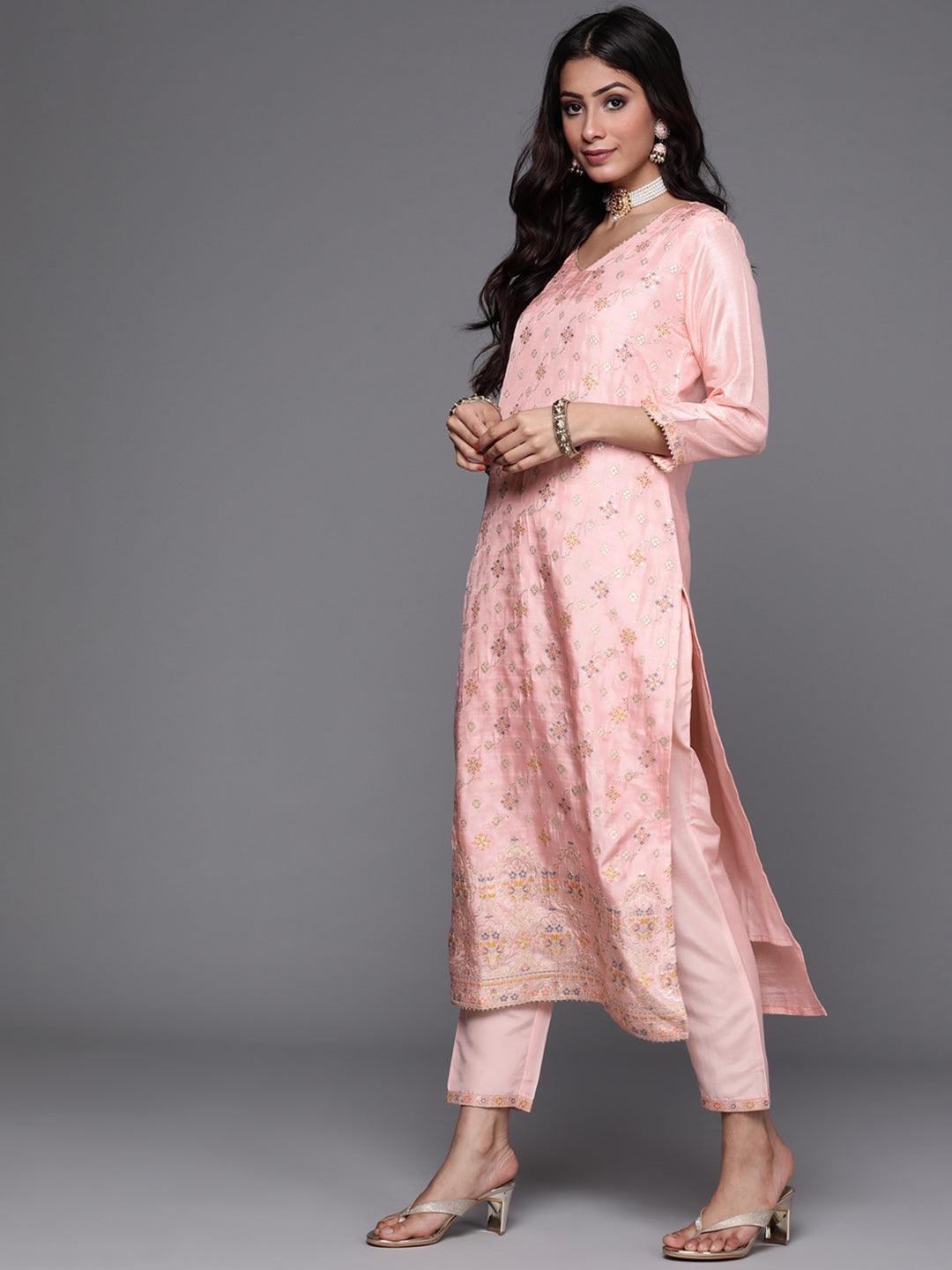 Pink Woven Design Silk Straight Kurta With Dupatta
