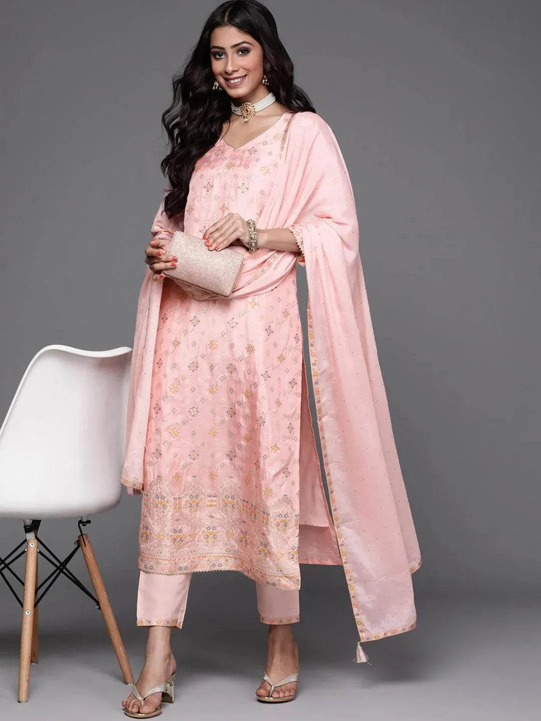 Pink Woven Design Silk Suit Set - Libas 