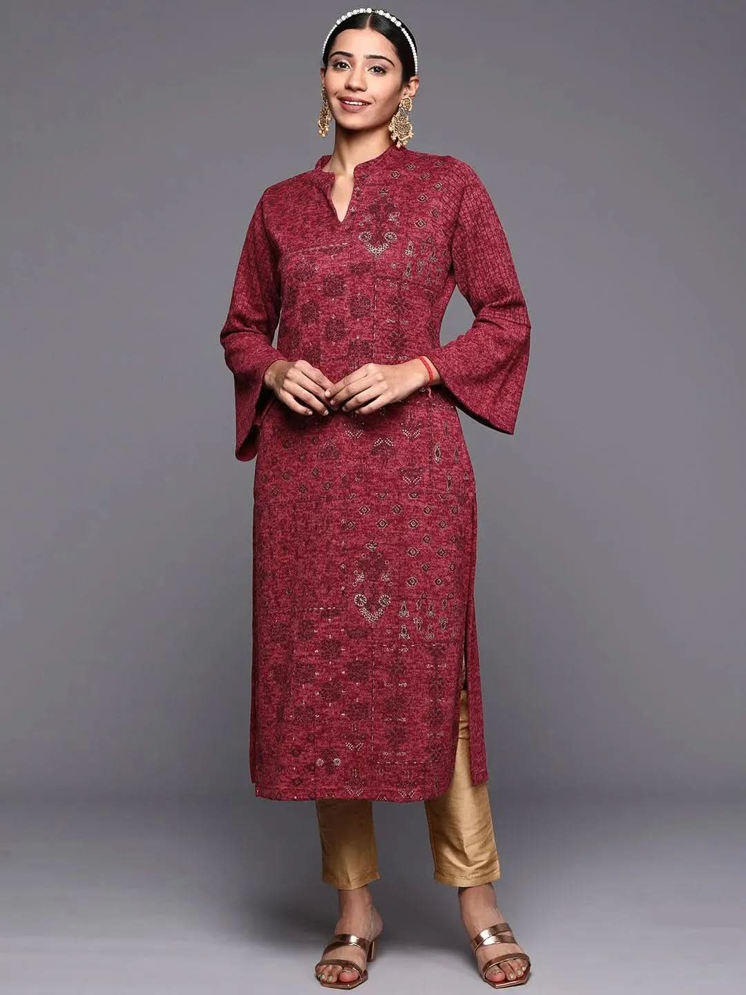 Pink Woven Design Wool Straight Kurta - Libas