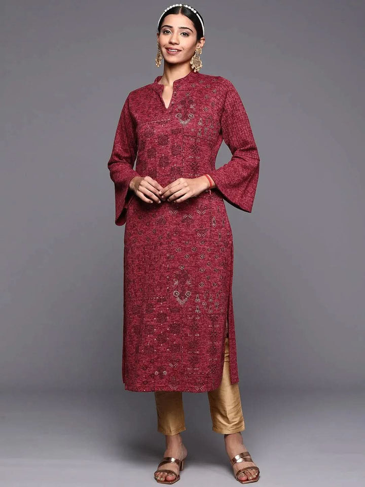 Pink Woven Design Wool Straight Kurta - Libas