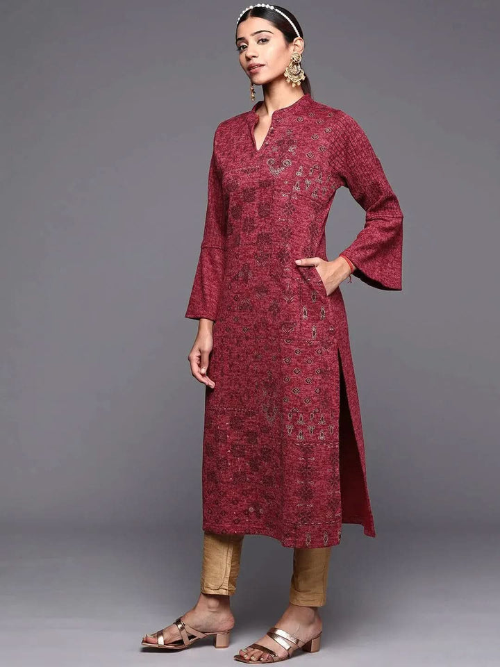 Pink Woven Design Wool Straight Kurta - Libas