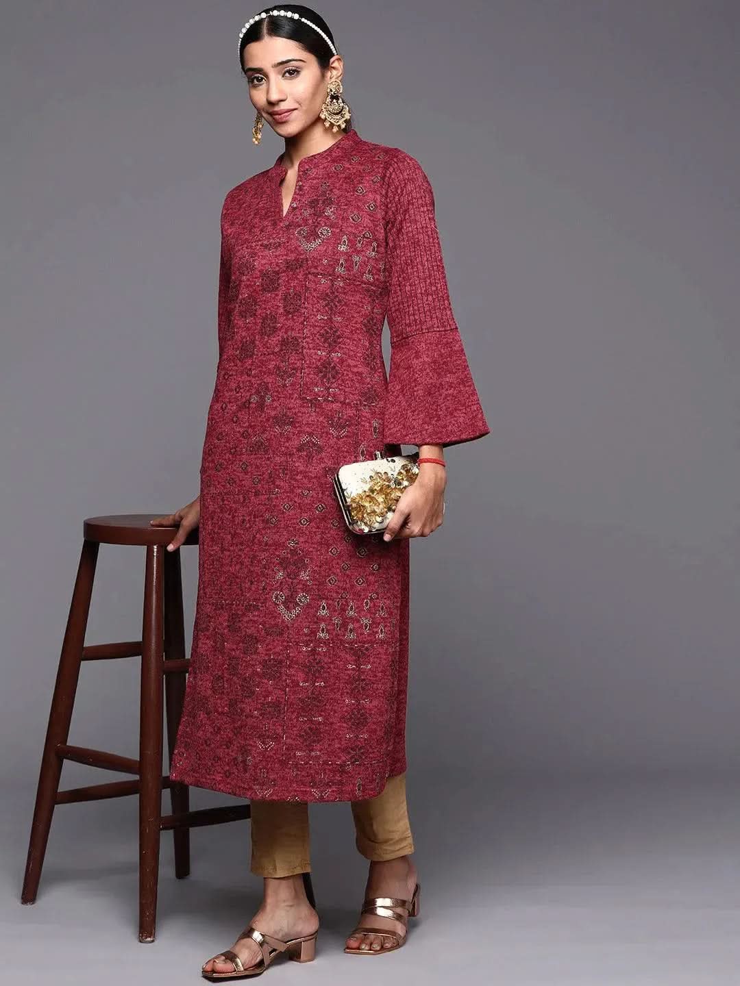 Pink Woven Design Wool Straight Kurta - Libas 