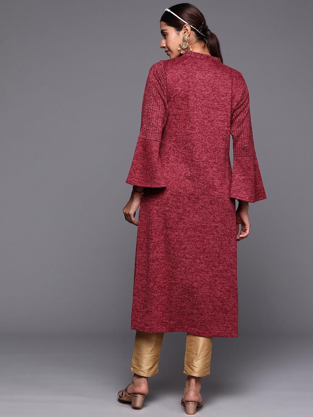 Pink Woven Design Wool Straight Kurta - Libas