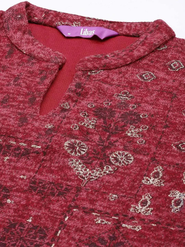 Pink Woven Design Wool Straight Kurta - Libas