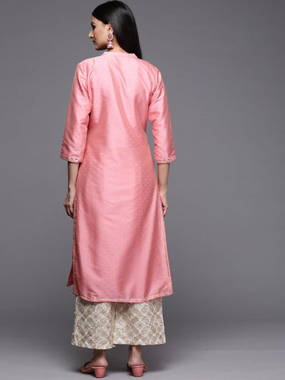 Pink Yoke Design Art Silk Straight Kurta - Libas