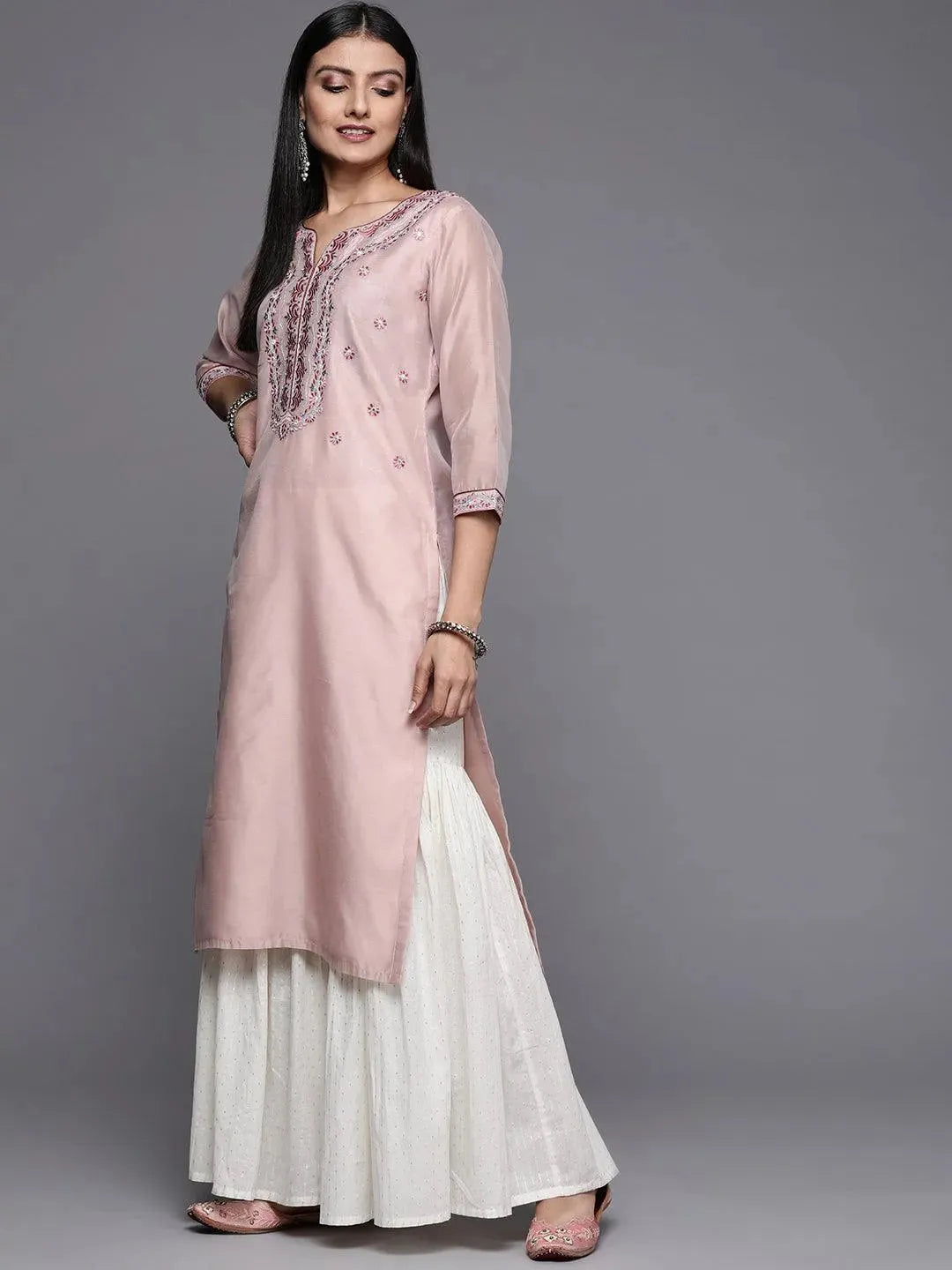 Pink Yoke Design Chanderi Cotton Straight Kurta - Libas 