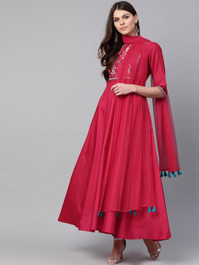 Pink Yoke Design Chanderi Dress With Dupatta - Libas