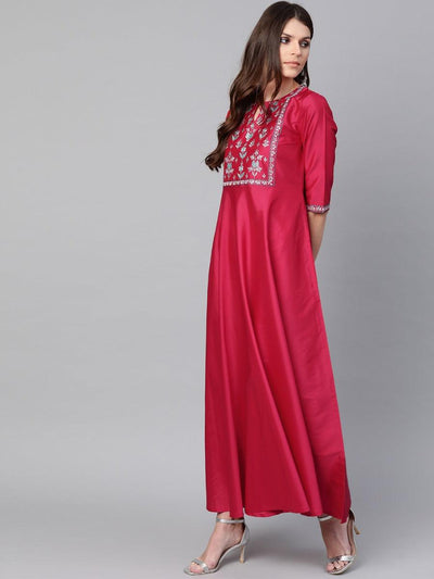 Pink Yoke Design Chanderi Dress With Dupatta - Libas