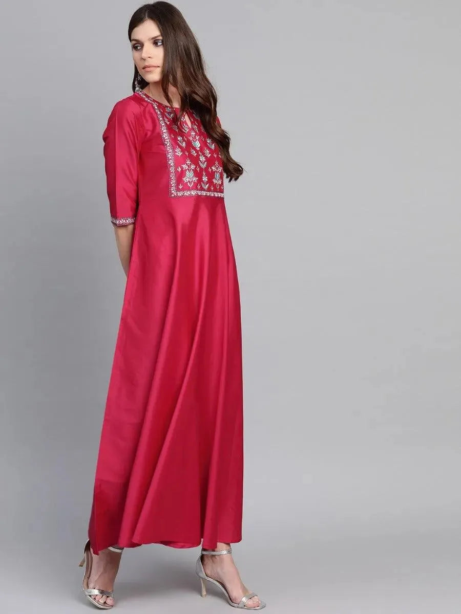 Pink Yoke Design Chanderi Dress With Dupatta - Libas 