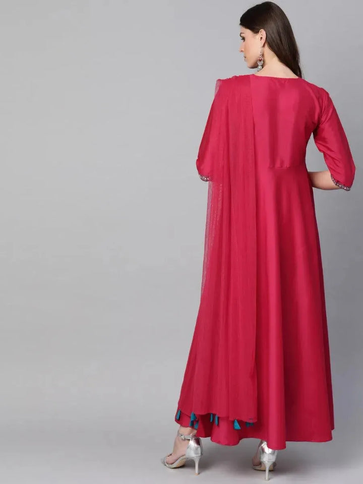 Pink Yoke Design Chanderi Dress With Dupatta - Libas