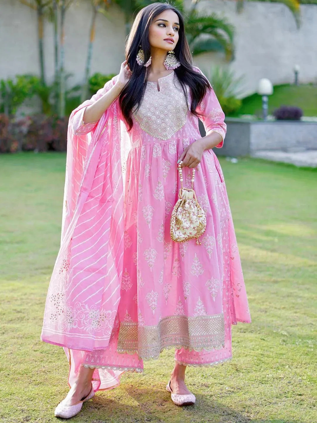 Pink Yoke Design Cotton Anarkali Kurta With Palazzos & Dupatta