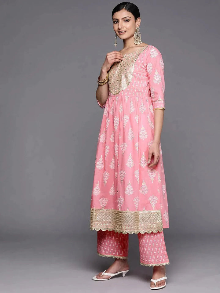 Pink Yoke Design Cotton Anarkali Suit Set With Palazzos - Libas