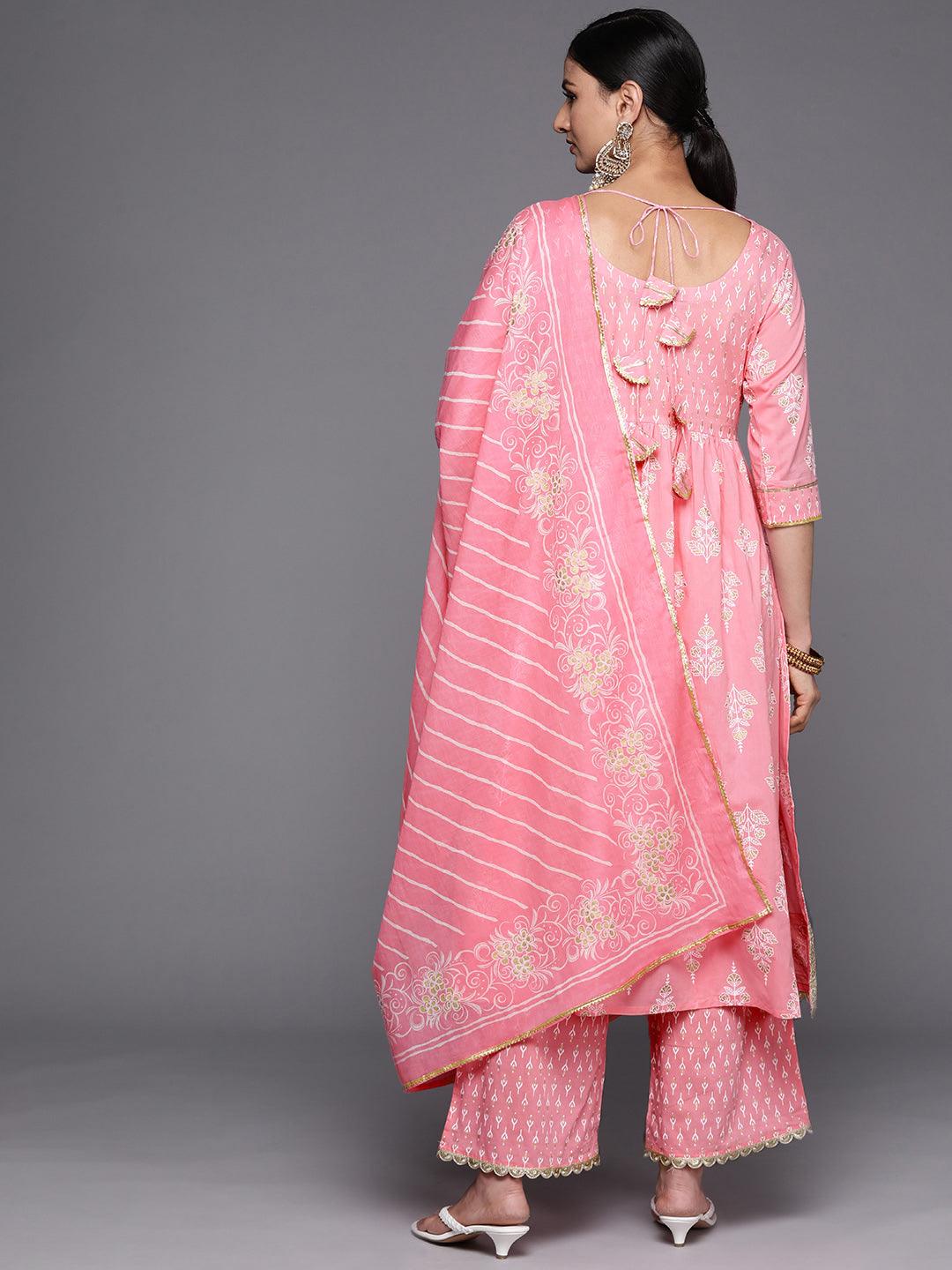 Pink Yoke Design Cotton Anarkali Suit Set With Palazzos - Libas