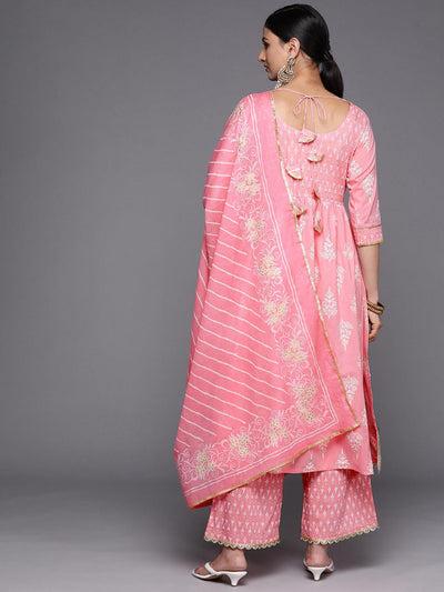 Pink Yoke Design Cotton Anarkali Suit Set With Palazzos - Libas