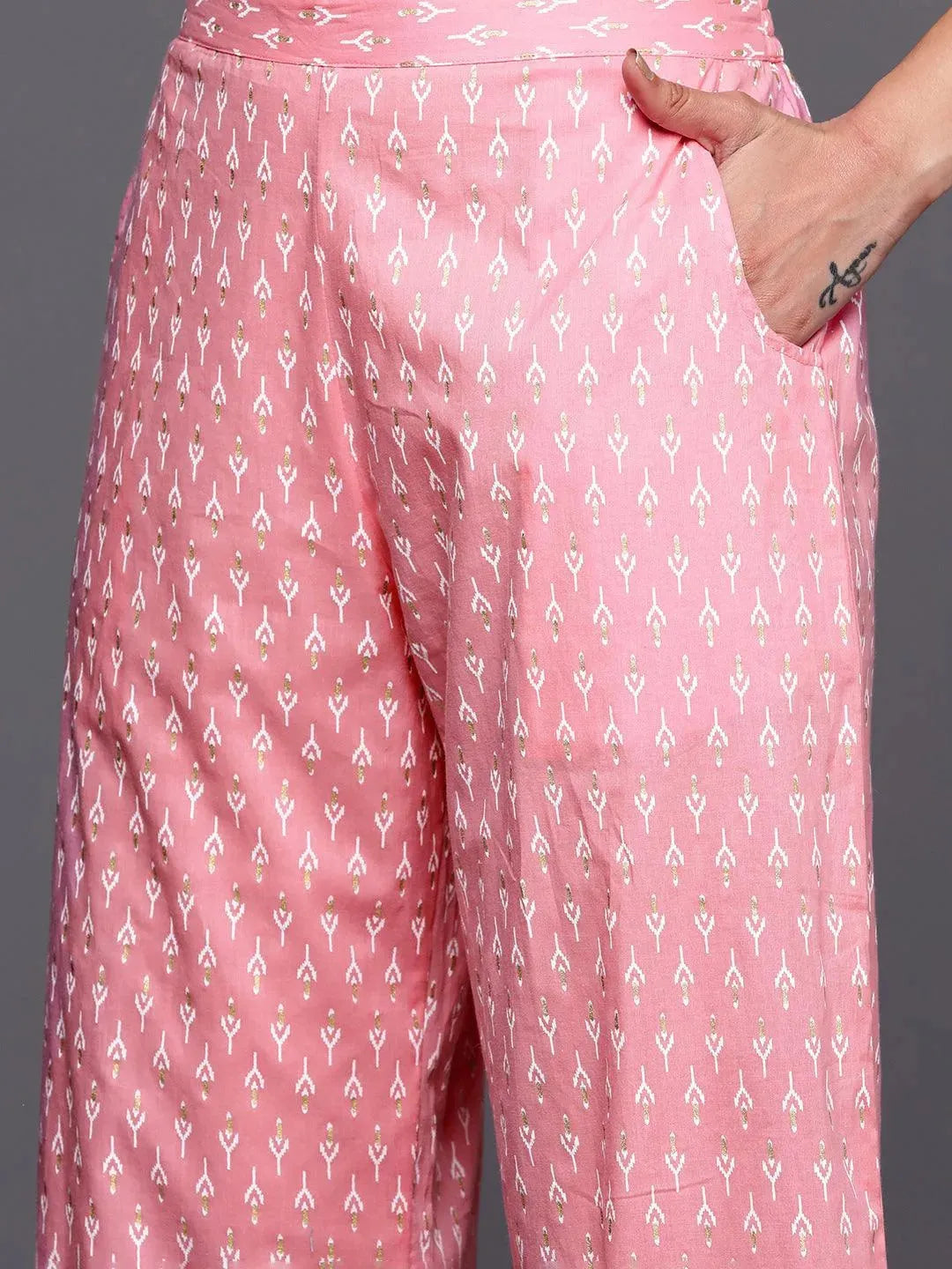 Pink Yoke Design Cotton Anarkali Suit Set With Palazzos - Libas 