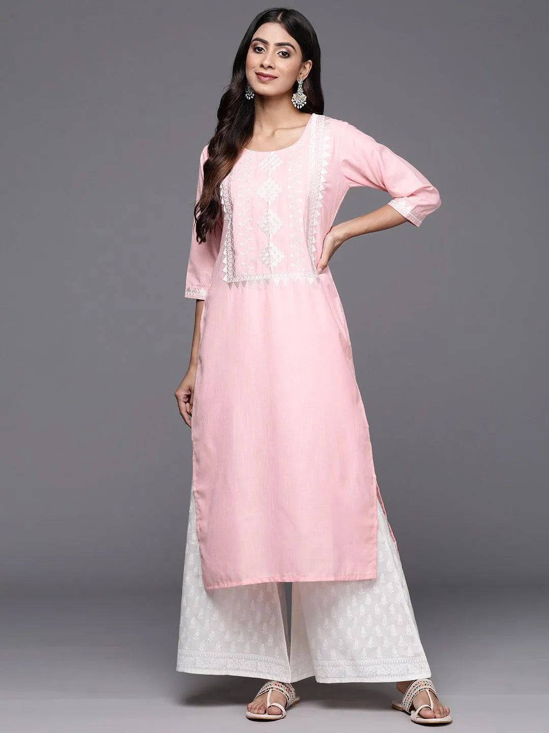 Pink Yoke Design Cotton Straight Kurta - Libas 
