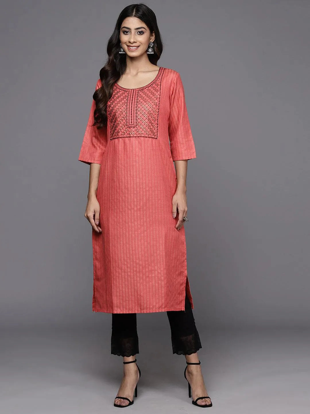 Pink Yoke Design Cotton Straight Kurta - Libas