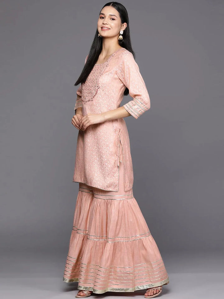 Pink Yoke Design Cotton Straight Suit Set With Sharara - Libas