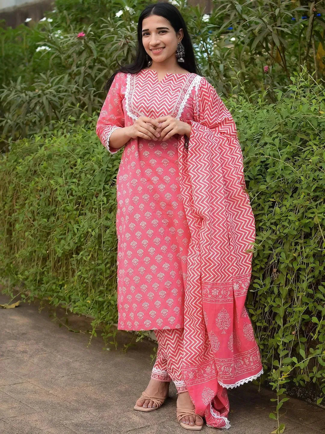 Pink Yoke Design Cotton Straight Suit Set - Libas