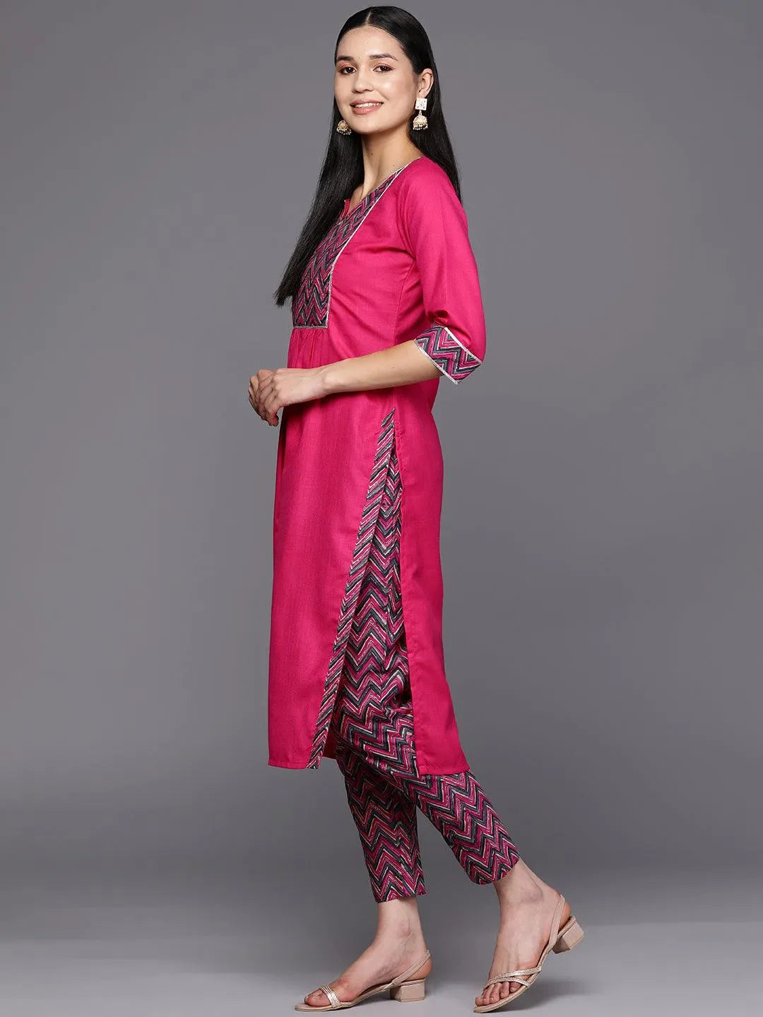 Pink Yoke Design Cotton Straight Suit Set - Libas