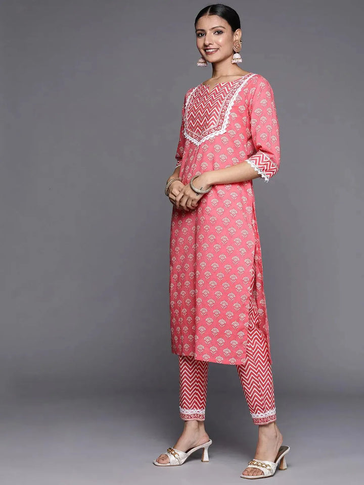 Pink Yoke Design Cotton Straight Suit Set - Libas