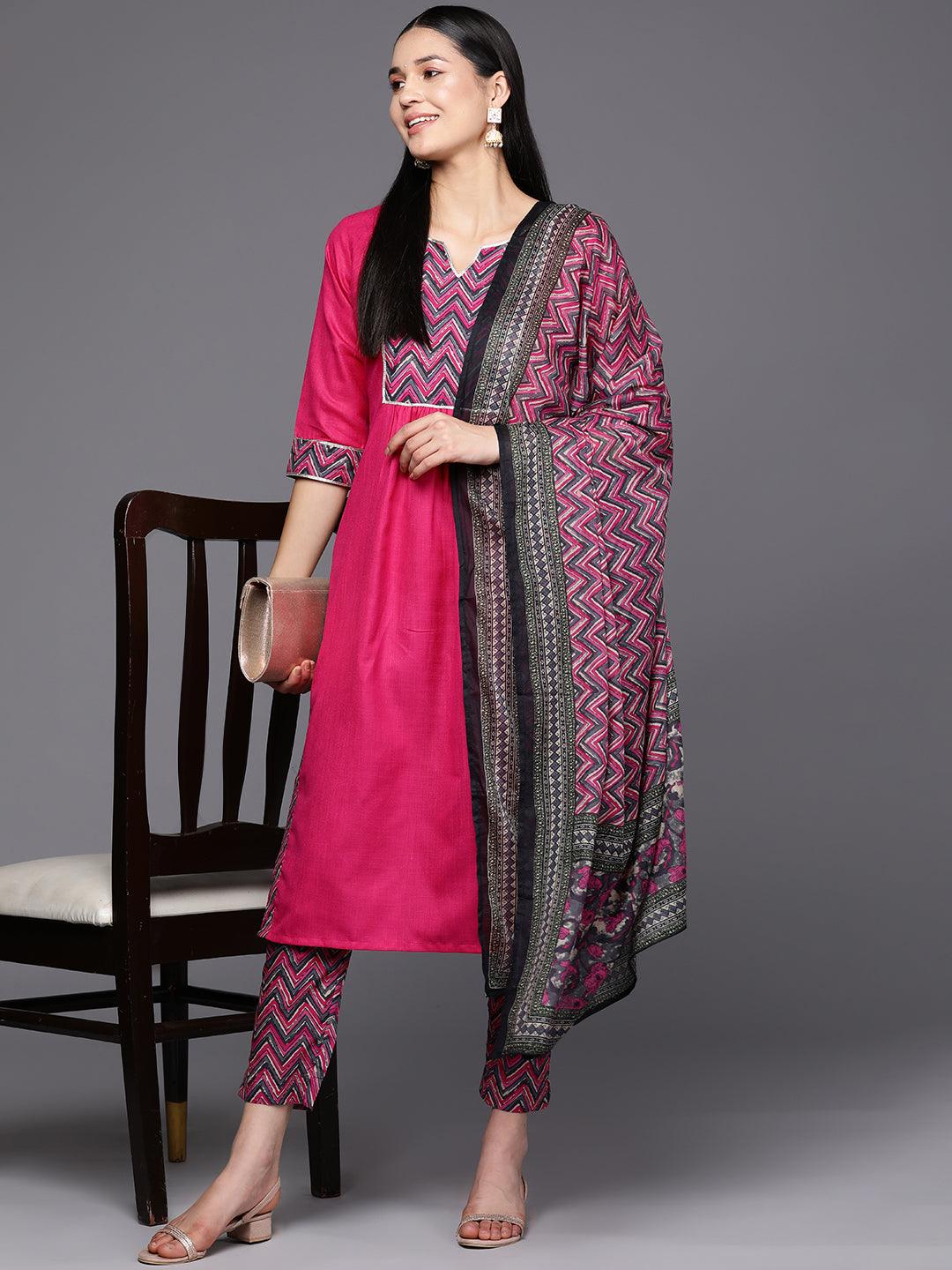 Pink Yoke Design Cotton Straight Suit Set With Trousers - Libas