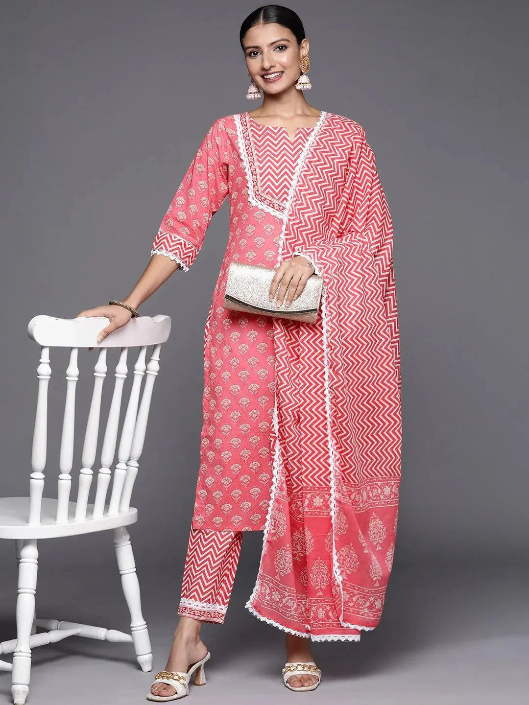 Pink Yoke Design Cotton Straight Suit Set - Libas 