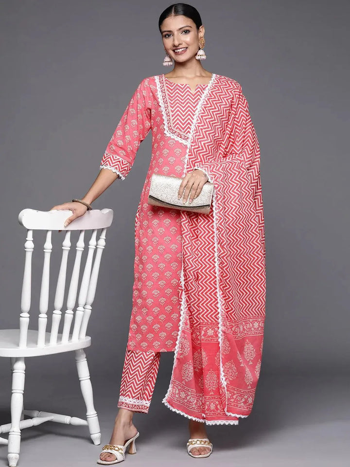 Pink Yoke Design Cotton Straight Suit Set - Libas