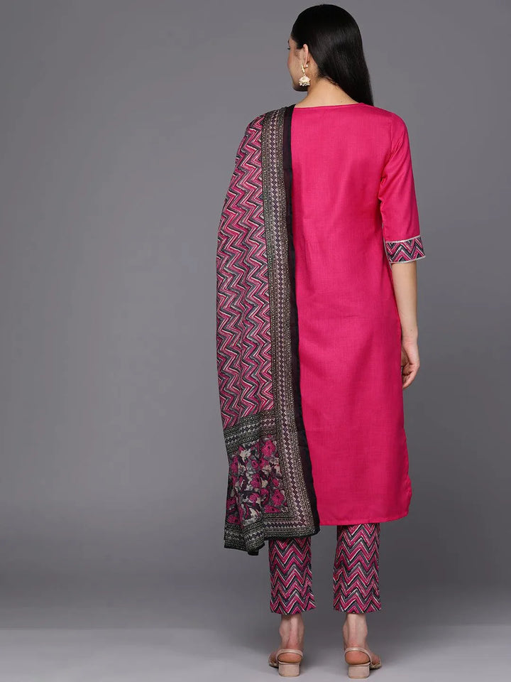 Pink Yoke Design Cotton Straight Suit Set With Trousers - Libas