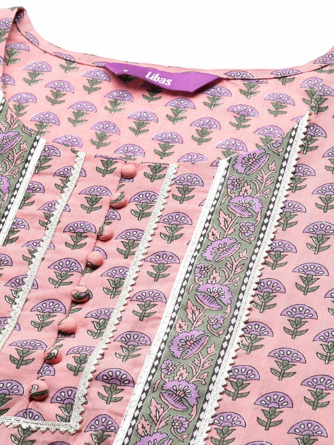 Pink Yoke Design Cotton Straight Suit Set - Libas
