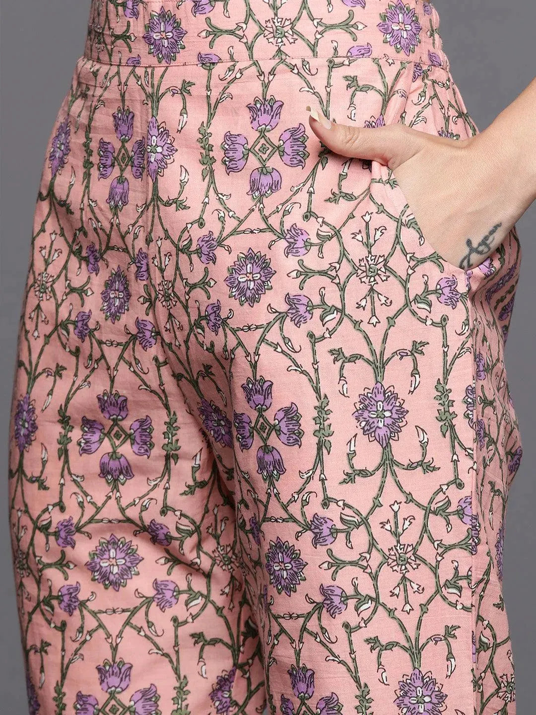 Pink Yoke Design Cotton Straight Suit Set - Libas 