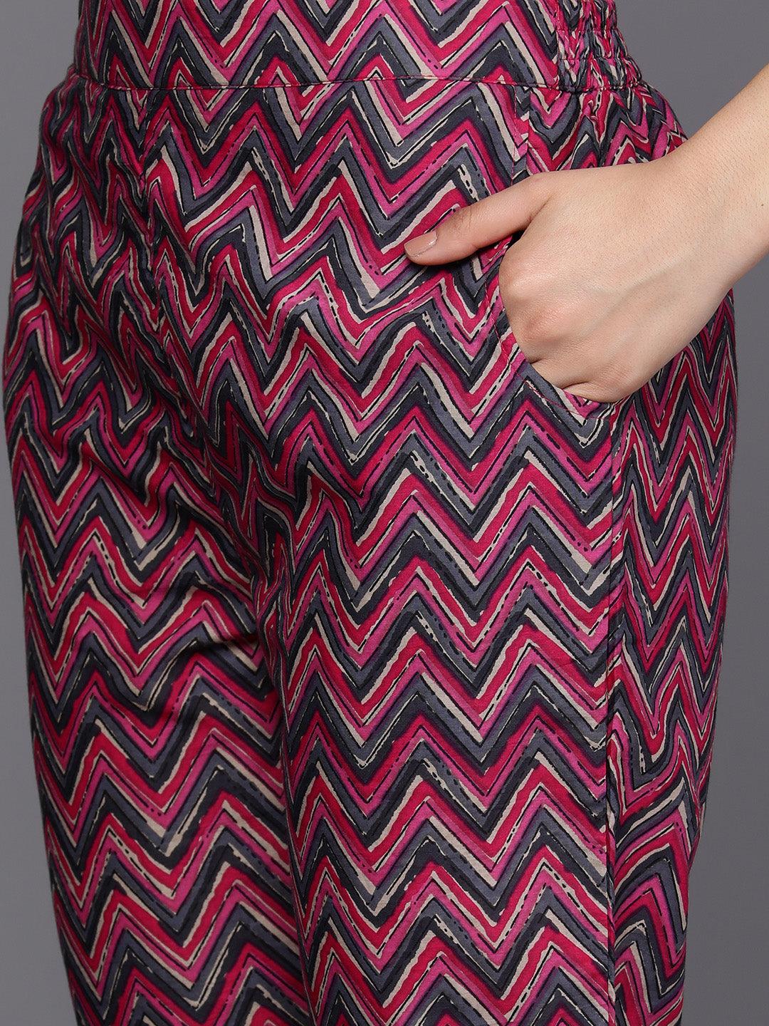 Pink Yoke Design Cotton Straight Kurta With Trousers & Dupatta