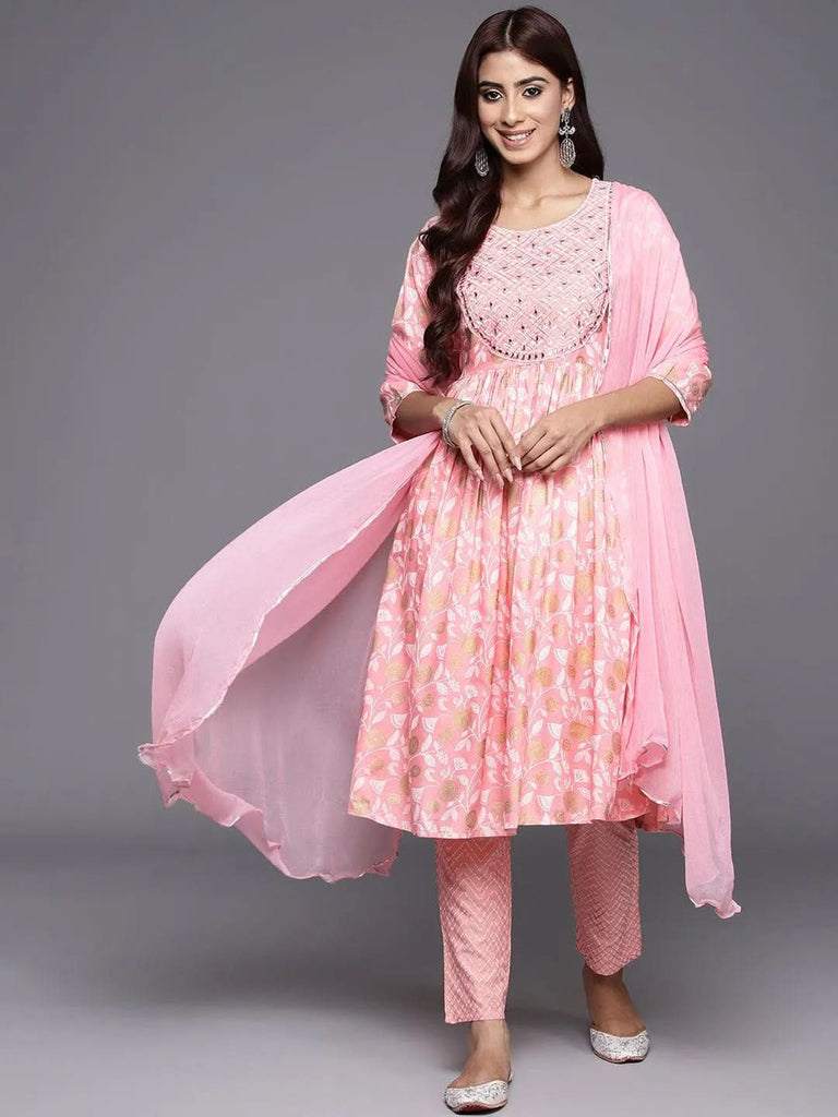 Libas Pink Yoke Design Rayon A-Line Kurta With Trousers & Dupatta