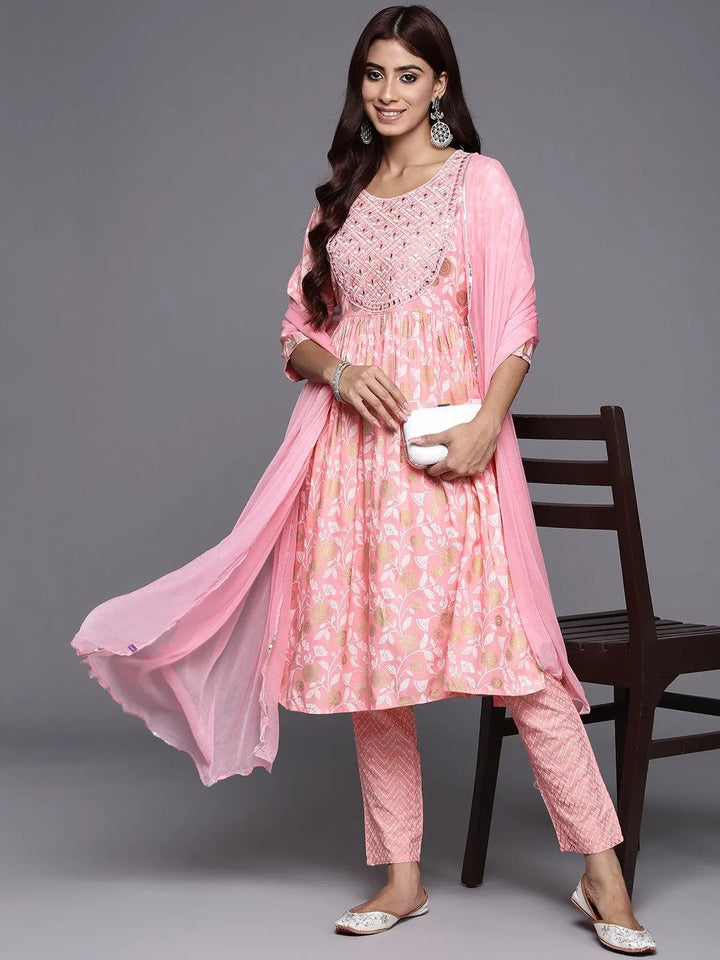 Pink Yoke Design Rayon A-Line Kurta With Trousers & Dupatta - Libas