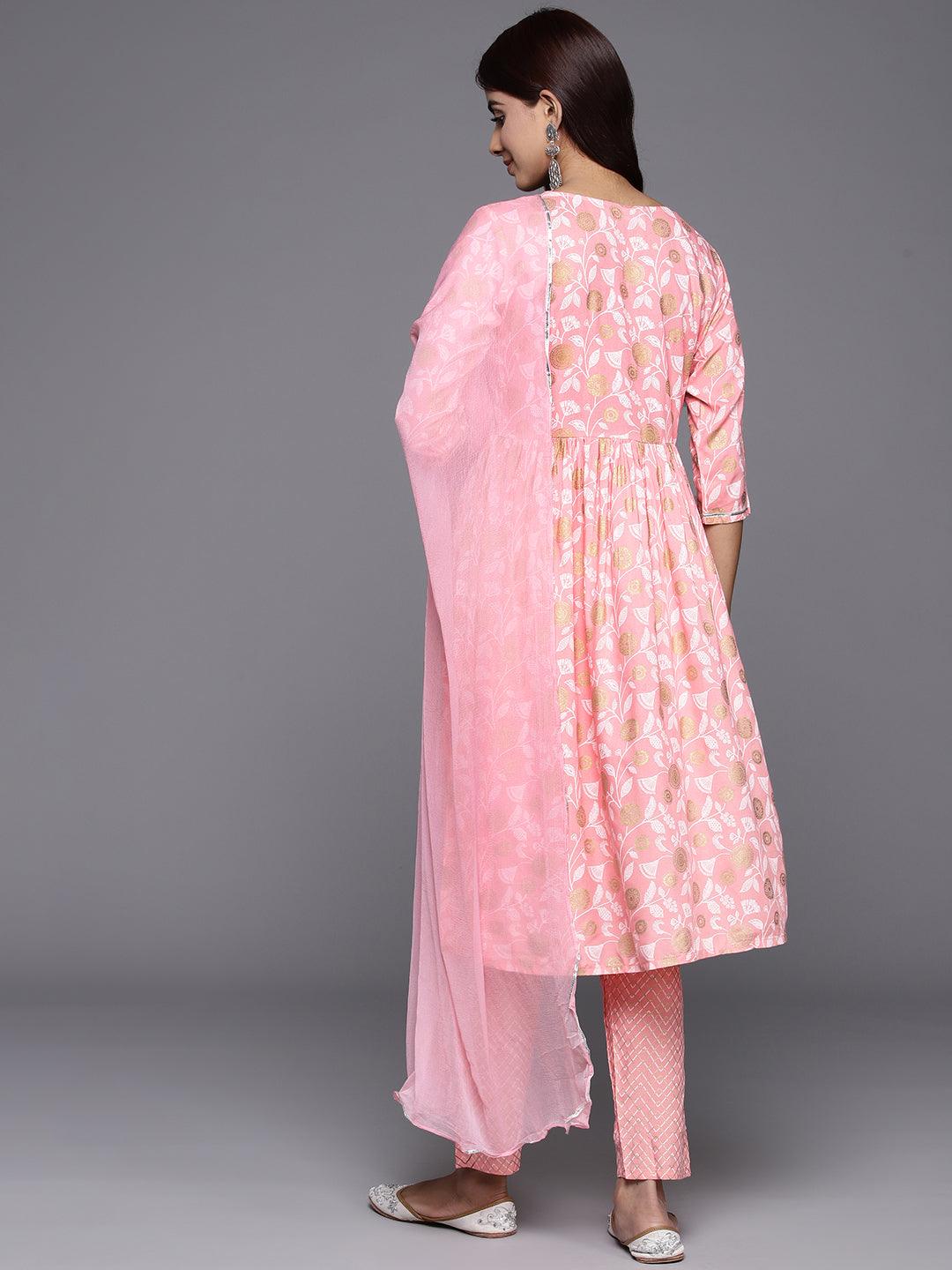 Pink Yoke Design Rayon A-Line Kurta With Trousers & Dupatta