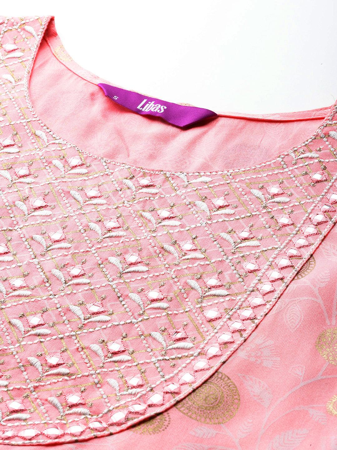 Pink Yoke Design Rayon A-Line Kurta With Trousers & Dupatta - Libas