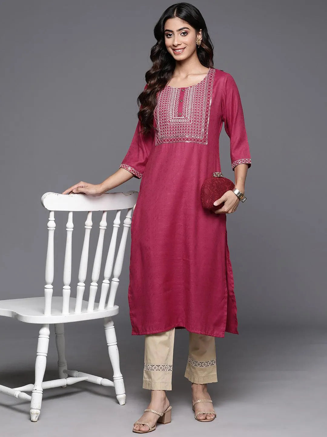 Pink Yoke Design Rayon Straight Kurta - Libas 