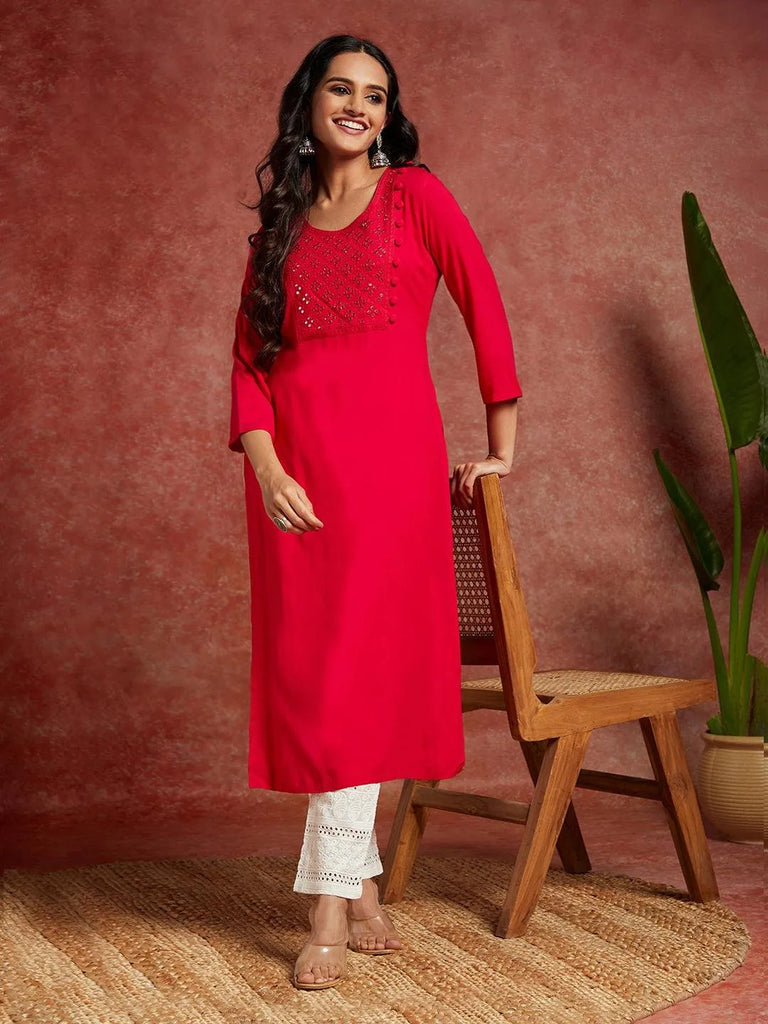 Libas Pink Yoke Design Rayon Straight Kurta