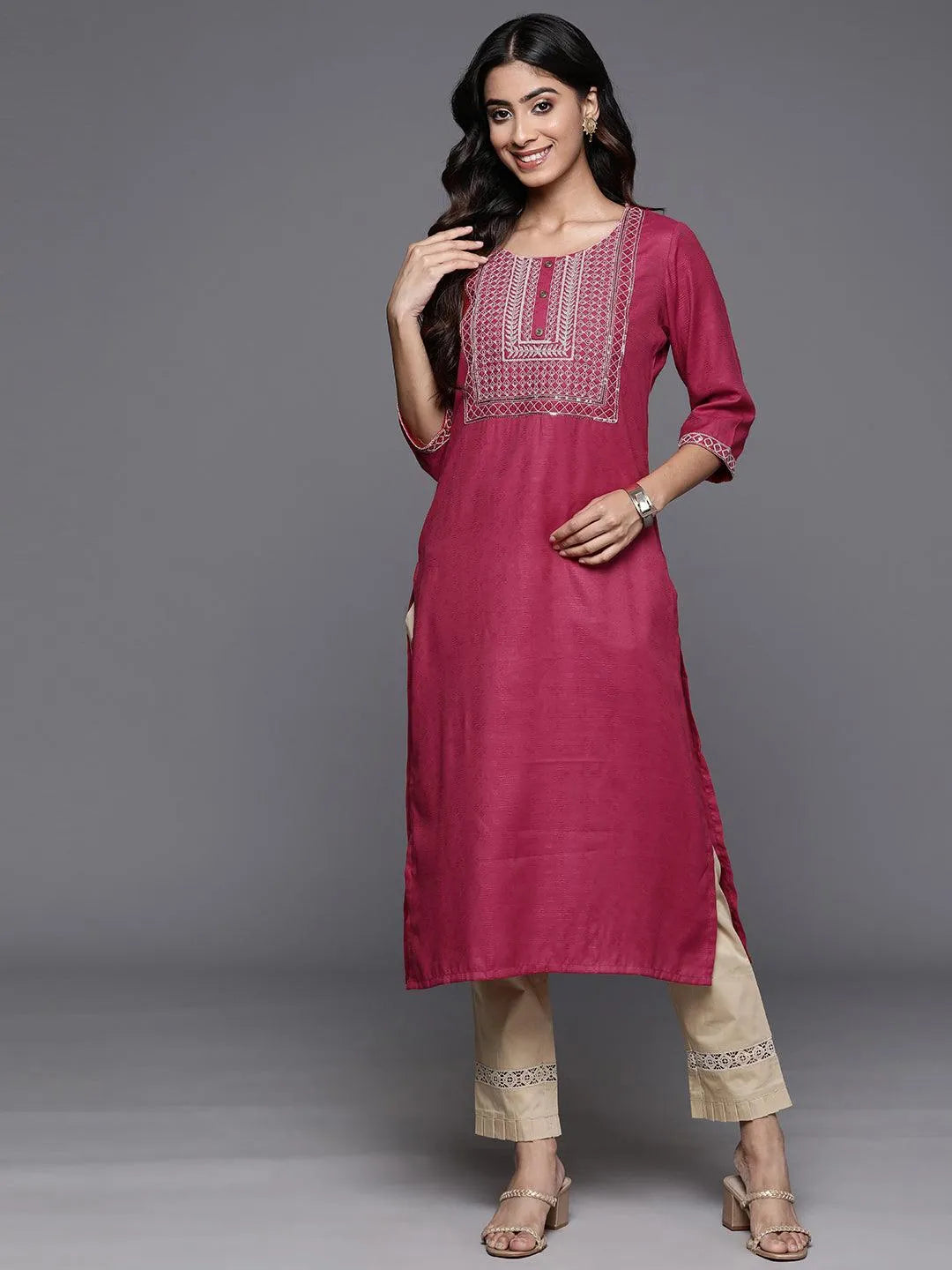 Pink Yoke Design Rayon Straight Kurta - Libas 