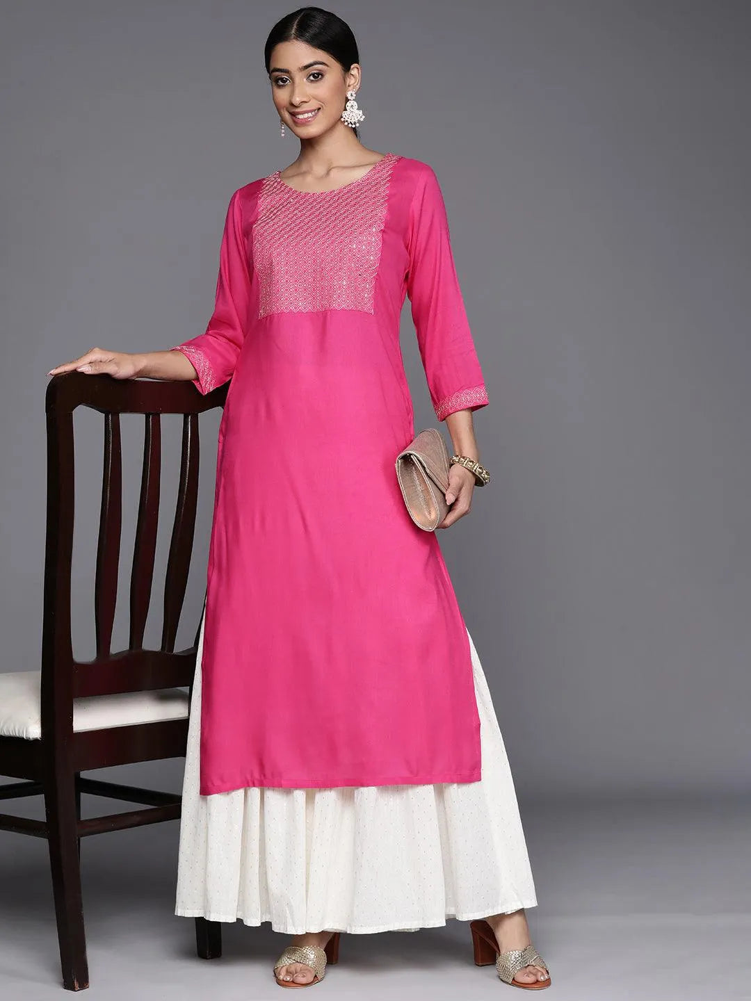 Pink Yoke Design Rayon Straight Kurta - Libas 