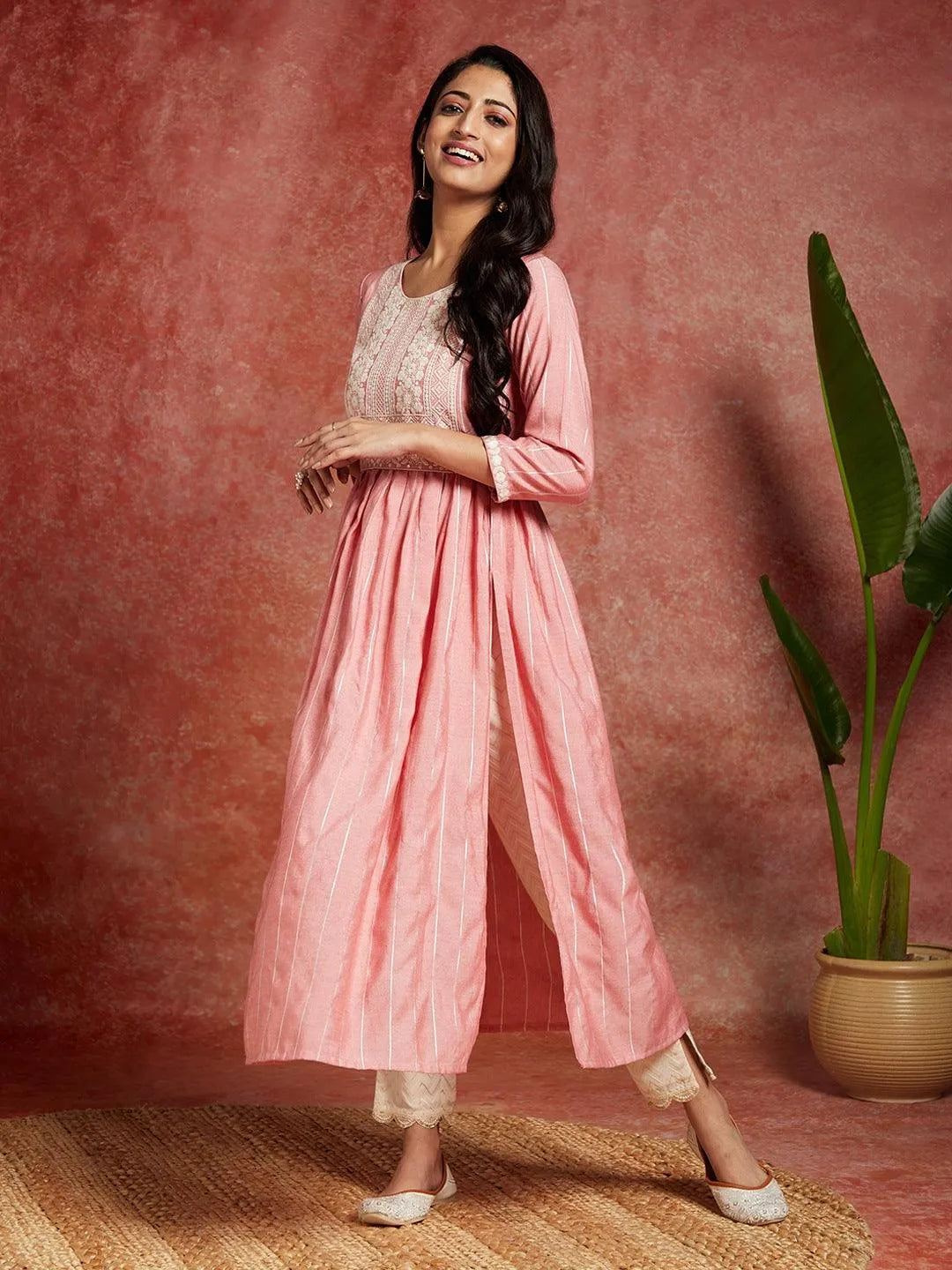Pink Yoke Design Silk A-Line Kurta - Libas 