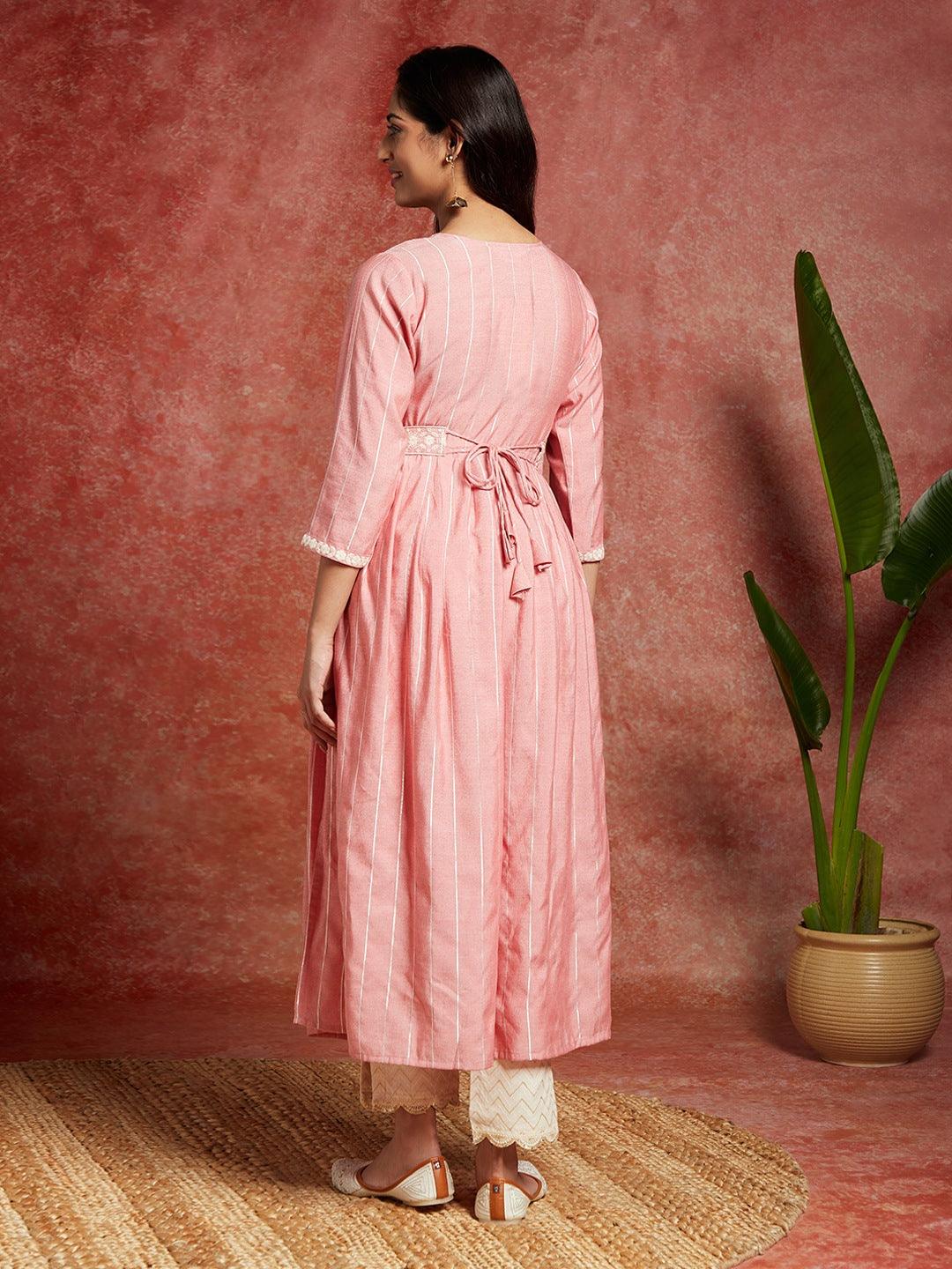Pink Yoke Design Silk A-Line Kurta - Libas