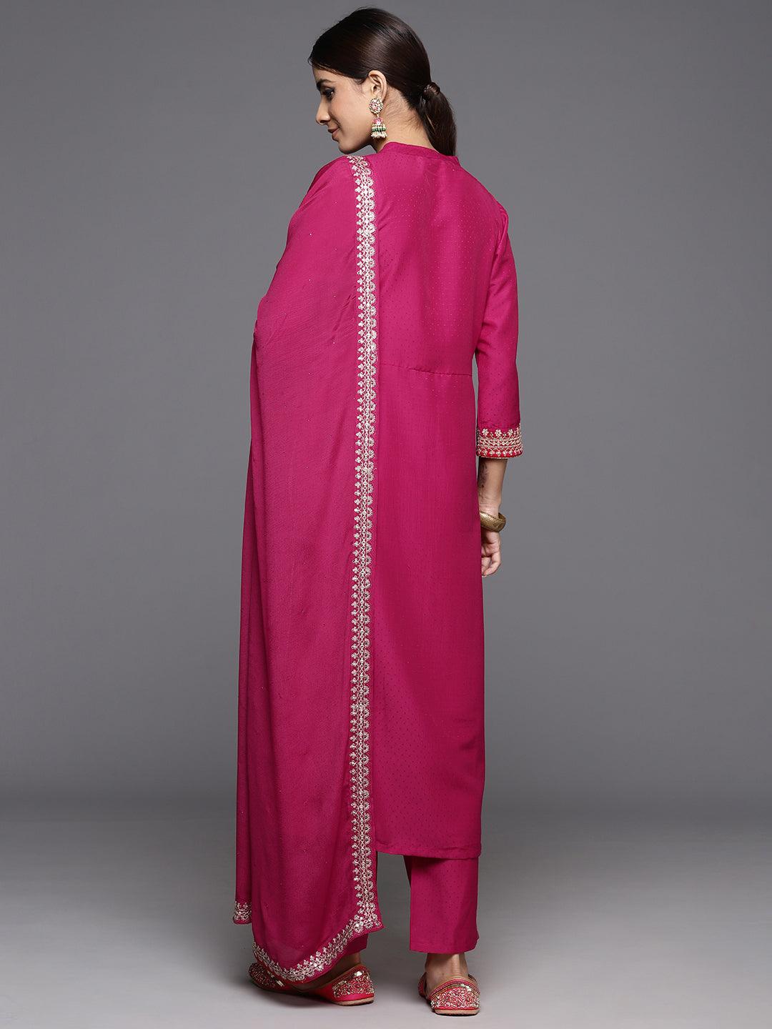 Pink Yoke Design Silk Blend A-Line Kurta With Palazzos & Dupatta - Libas