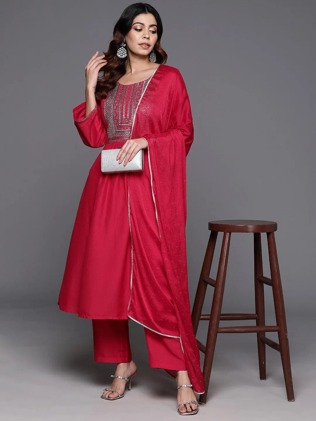 Pink Yoke Design Silk Blend A-Line Kurta With Trousers & Dupatta - Libas