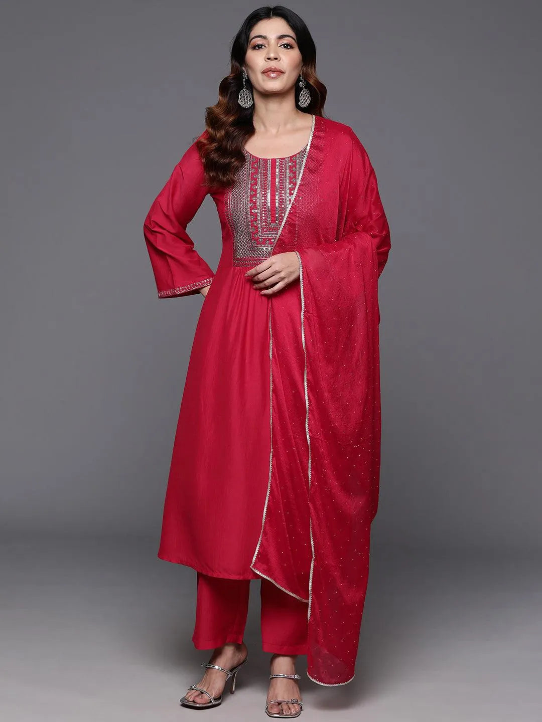 Pink Yoke Design Silk Blend A-Line Kurta With Trousers & Dupatta - Libas 