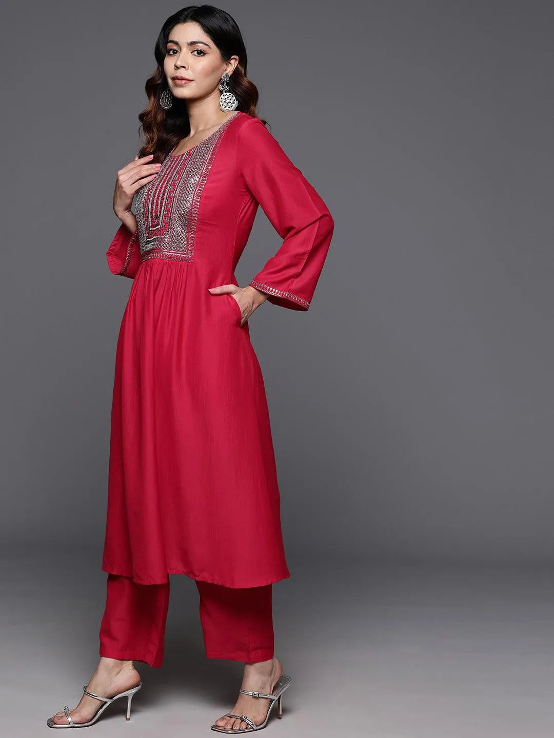 Pink Yoke Design Silk Blend A-Line Kurta With Trousers & Dupatta - Libas 